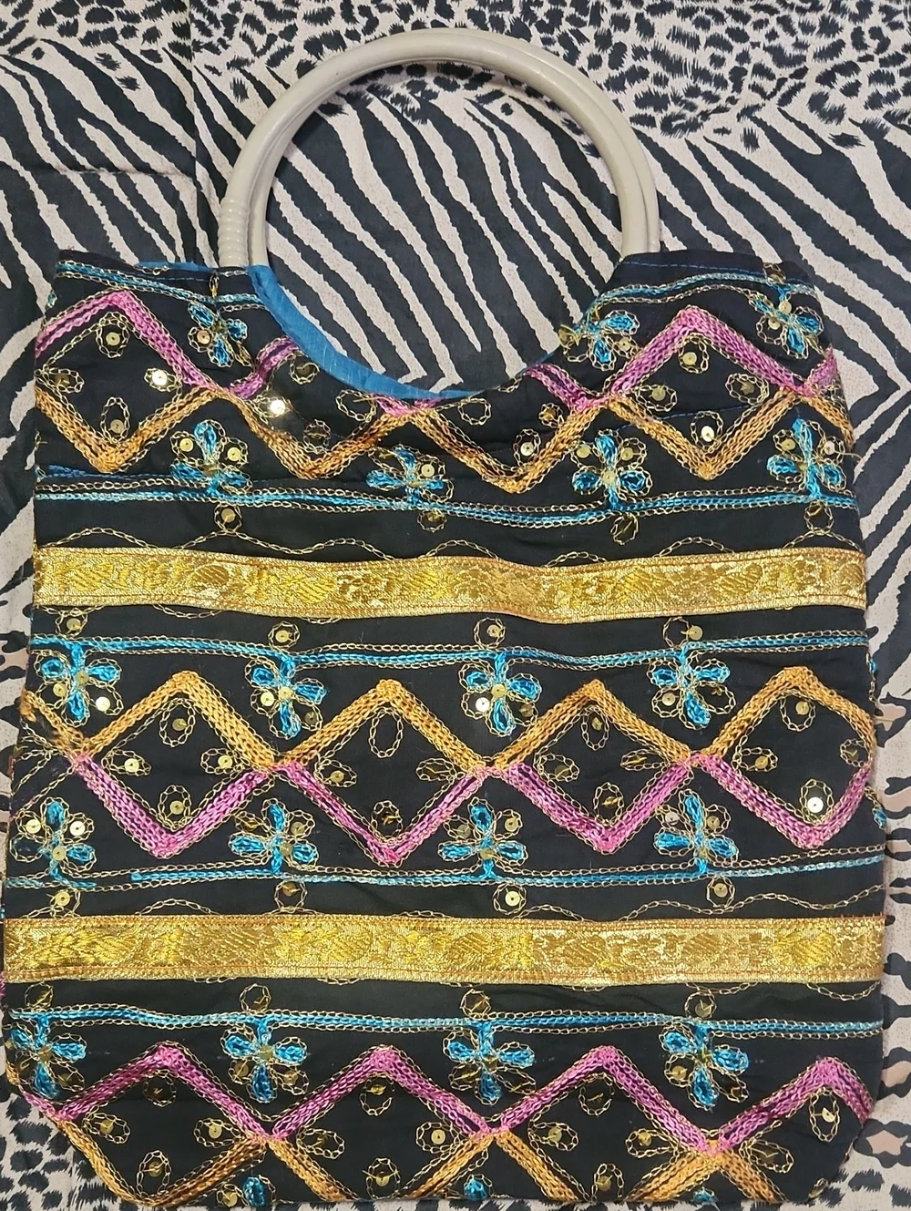 Homemade Black Embroidered Boho Bag with Gold, Pink and Blue Accents